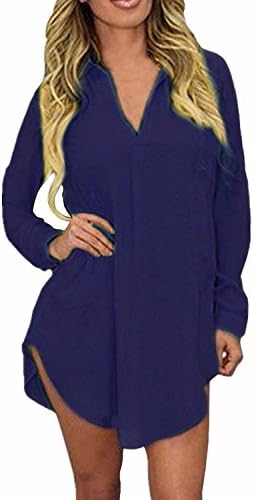 Kebinai Natural and Graceful Women Sexy V-neck Long Sleeve Button Down 4 Colors Dress Shirts Attractive Blue6