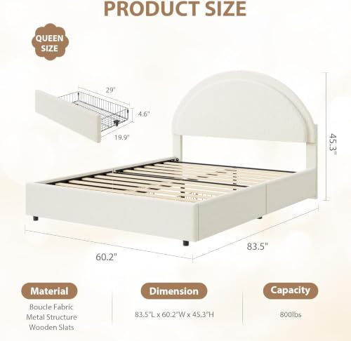 Garvee Queen Size Bed Frame with Storage Drawers, Upholstered Boucle Platform Bed with Round Headboard, Heavy Duty & Noise Free, No Box Spring Needed, Beige