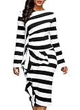 Dokotoo Womens Back Slit Striped Ruffle Long Sleeve Bodycon Dress