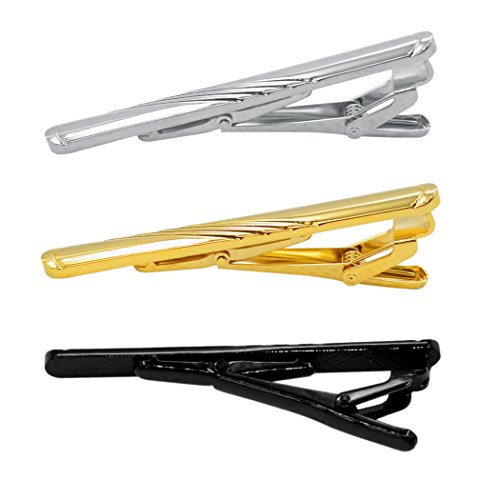 Lystaii 3pcs Tie Bar Clip for Men Necktie Clips Tie Pins Copper Clasps Necktie Bar Pinch Clip Set Business Professional Accessories Stripe Design Gold Black and Sliver Color