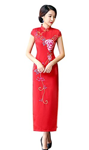 ACVIP Women Flower Embroidered Cap Sleeve Chinese Long Red Dress