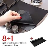 Stove Burner Covers with Oven Liner - Round, Non-Stick, Easy Clean, Heat Resistant to 500 Degrees. FDA Approved, BPA Free, Reusable. Large Size 16.25x23 Inch Liner, Double Thickness, Black, 8+1-Pack