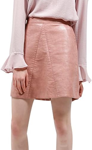 BELLA PHILOSOPHY Women's Leather Skirt PU Faux High Waist Back Zipper Pockets,Pink,Small