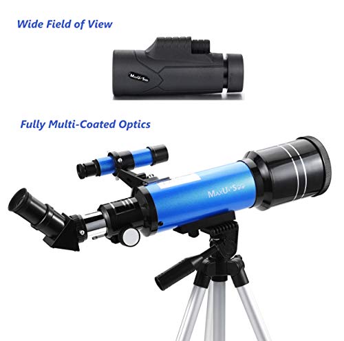 MaxUSee 70mm Refractor Telescope with Adjustable Tripod for Kids Adults & Beginners + Portable 10X42 HD Monocular Bak4 Prism FMC Lens, Travel Scope with Backpack and Phone Adapter - Thumbnail 4