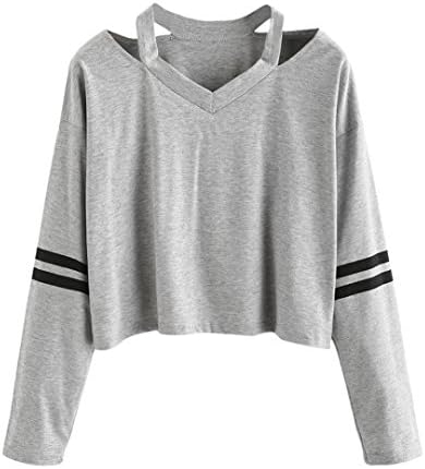 Hansee Fashion Crop Tops, Womens Striped Long Sleeve Sweatshirt Cold Shoulder Tops Blouse Pullover Black
