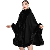 Women Poncho Cape Faux Fur Collar Knitted Cardigan Sweater Batwing Long Sleeve Shawl Wrap Coat Oversized Cloak