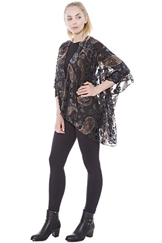 BYOS Boho Stylish Semi Sheer Mesh Open Front Burnout Floral & Paisley Print Velvet Kimono Cardigan Robe (Black Paisley)
