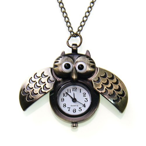 JewelryWe Cute Antique Owl Pocket Watch Pendant Necklace Colour Brass 31 Inch Chain (with Gift Bag)