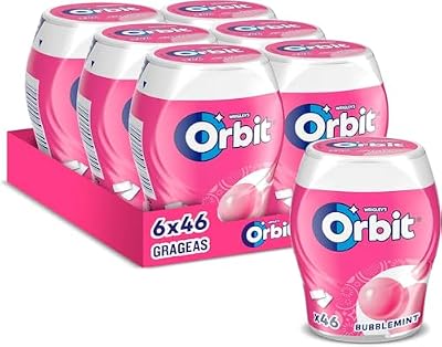 Frasco orbit de goma de mascar sem açúcar bubblemint, frutado, fresco, intenso e duradouro em formato drageia (6 x 46 gomas de mascar)