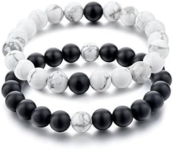 naithcorp His and Hers Summer Couple Bracelet White Turquoise&Black Matte Agate Stones Distance Bracelet