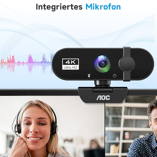 AOC Webcam 4K Ultra HD, Webcam with Microphone & Lens Cover, PC Camera Plug & Play, 99° View, Auto Focus, Web Cam Compatible with Zoom/Teams/Skype, for Home Office, Streaming, FaceTime, Black