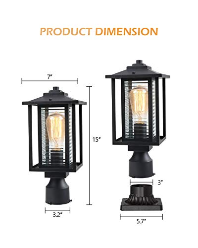 JAZAVA Outdoor Post Light Fixture One-Light, Exterior Post Lantern LED Street Light for Patio with 3-Inch Pier Mount Base, Black Finish with Ribbed Glass - Thumbnail 6