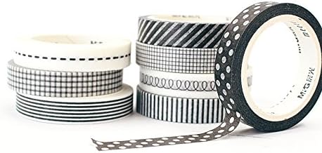 [8-Pack] New Signature Collection Designer Washi Tape: Perfect Multi Purpose Colored Masking Tape For Walls, Arts and Crafts, DIY, Scrapbook - 7mm x 5m (Black & White Bonanza)