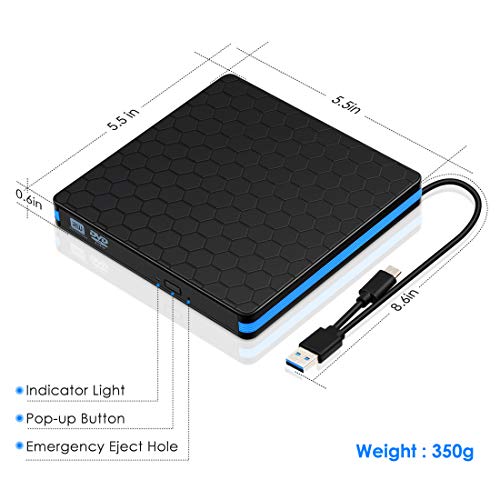 Kingbox External DVD Drive, Portable USB 3.0 Type-C CD/DVD Writer Drive for Laptop Desktop PC Computer Windows Linux OS Apple Mac MacBook Pro Air iMac - High Speed Data Transfer - Black - Thumbnail 6