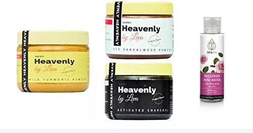 Heavenly Combo of Organic Wild Turmeric Powder (150 g) with Activated Charcoal (100 g) with Red Sandalwood Powder (100 g) and Rose Water (100 ml)