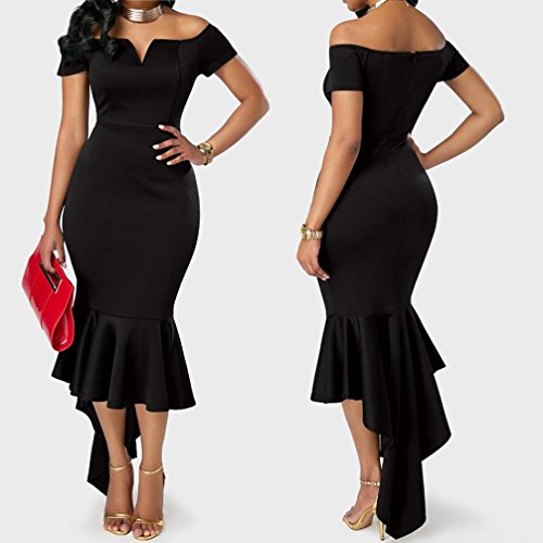 iLHÂ® Lightning Deals Knee Length Dress Fashion Women 1/2 Sleeve V-Neck Solid Irregular Slim Dress (Black, S)