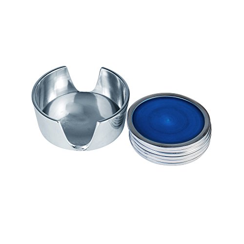 Kosma set of 6 recycled aluminium coasters with holder in a Teal colour enamel finish - 9cm x 9 cm x 3cm
