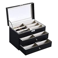 Accuyc Deluxe 18 Slot Eyeglass Sunglass Storage Box, Pu Leather Glasses Display Case Storage Organizer Collector with Drawer Storage Box (Black)