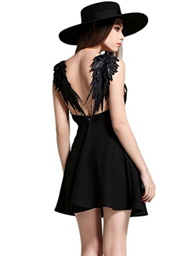 PERSUN Women's Black Skater Dress Plunge V-Neck Angel Wing Open Back Party Beach Mini Sundress,Small - Thumbnail 4
