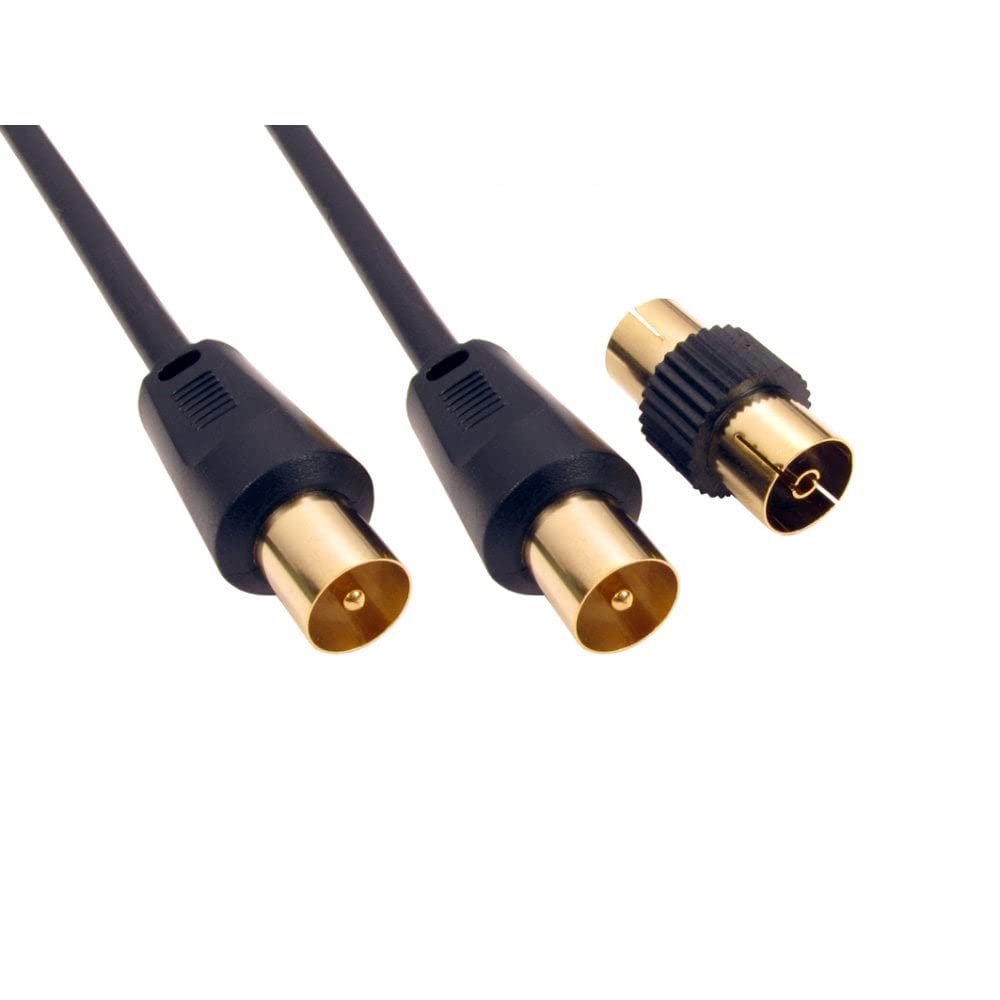 ALIDA SYSTEMS - 15m Aerial Coaxial Cable with Gold-Plated Connectors, Male to Male RF Coax Lead with Female Adapter Coupler for Freeview, Freesat, Sky, Virgin, BT, You View, Satellite TV - Black