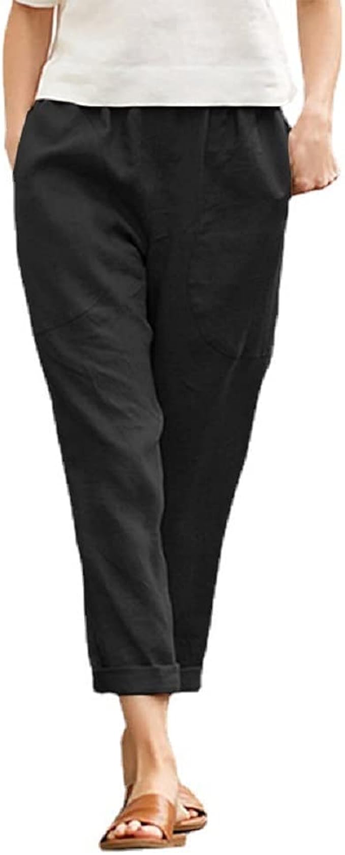 Women's Cotton Pants Elastic Waist Casual Crop Pants Trousers Loose