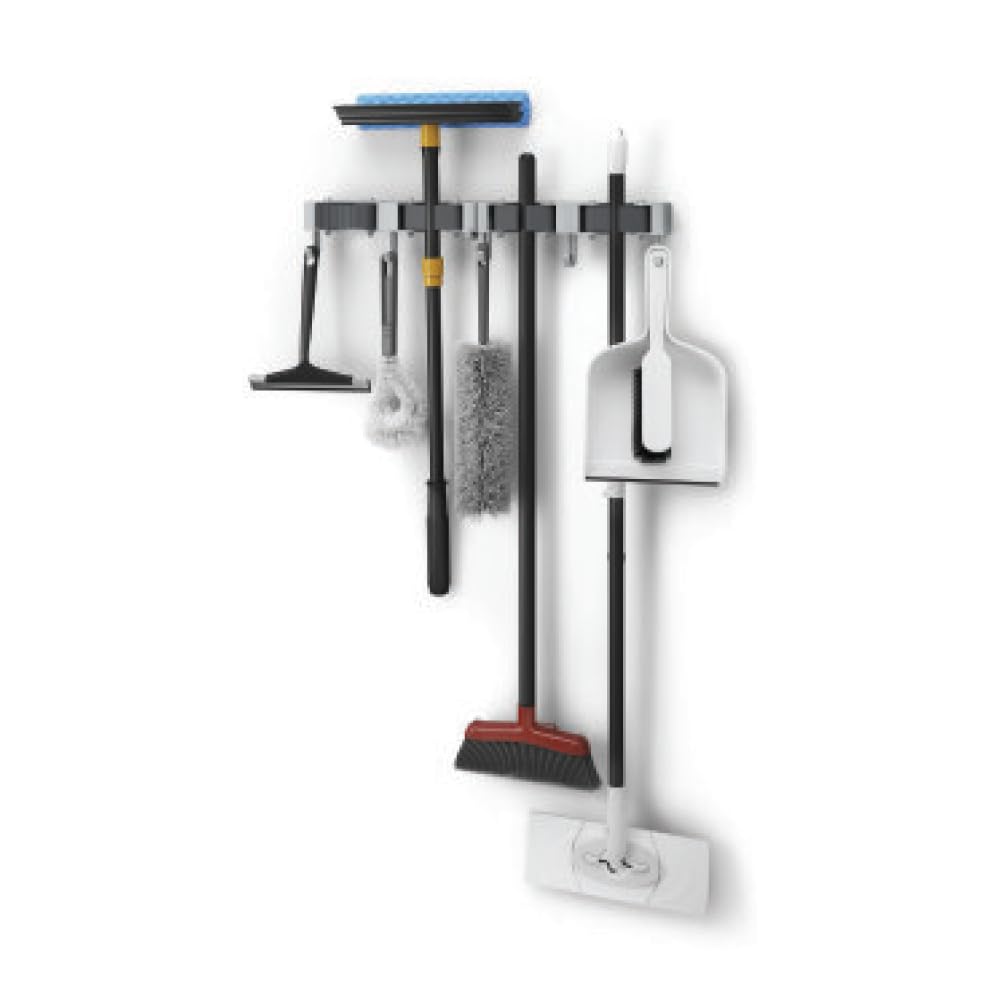 Metaltex Hang-Up 4 - Mop and Broom Holder Wall Mounted, or Tool Rack - Dusters Dust Pan & Brush Holder with 3 Hooks - Durable PS Plastic and Silicone Grip - Includes Fixing Accessories, 2 Set