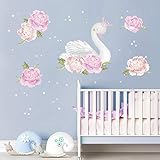 decalmile Peony and Swan Wall Decals Flower Girls Wall Stickers Girls Bedroom Romantic Room Wall Decor