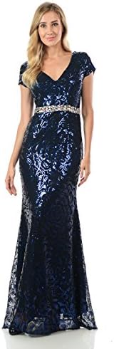 TwinMod Sheer Floral Sequined Cap Sleeve Crystal Evening Dress (XLARGE, ROYAL/BLACK)