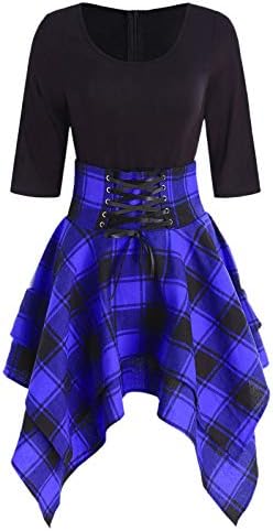 KENANCY Women's Lace Up Plaid Asymmetrical Dress 1/2 Sleeve Round Collar Tartan Dresses