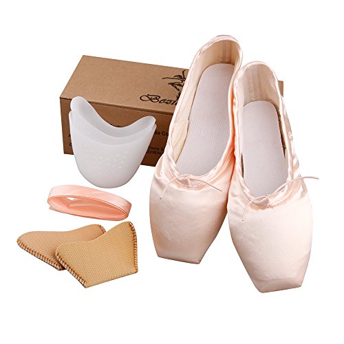 Girls Womens Dance Shoe Pink Satin Ballet Pointe Shoes with Ribbon and Toe Pads (US7.5 (Foot length:9.65 inch))