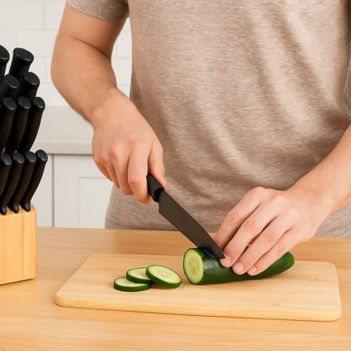 .- Juego de cuchillos de cocina de 14 piezas con bloque de madera - hojas de acero inoxidable revestido de negro, cuchillo de chef, pan, bistec + tijeras