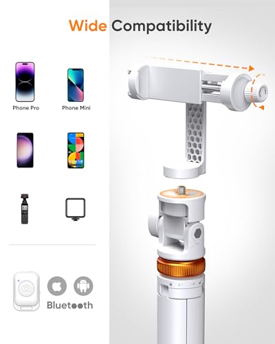 EUCOS 62" Tripod for iPhone, Sturdy Selfie Stick Tripod with Remote & Lightweight Phone Stand, Solidest Portable Cell Phone Tripod, Compatible iPhone Pro Max/Android [White] | Extendable Cell Phone Stand & Ultimate Phone Holder, Solidest Phone Stand Compatible with iPhone/Android