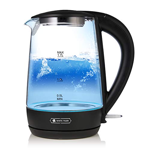 1.7L Electric Glass Kettle, WHITE TIGER Large Capacity with LED Light, Auto Shut-Off and Boil-Dry Pr 1.7L Electric Glass Kettle, WHITE TIGER Large Capacity with LED Light, Auto Shut-Off and Boil-Dry Pr