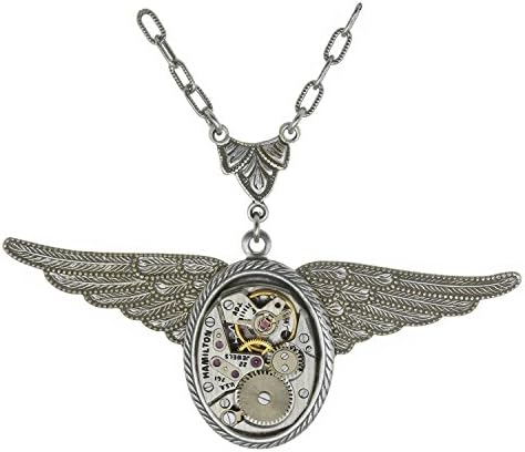 Handcrafted Silvertone Straight Wings Steampunk Clockwork Vintage Victorian Style Pendant Necklace