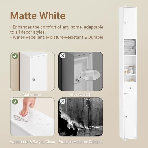 SoBuy Slim Bathroom Storage Cabinet, Narrow Storage Cabinet, Tall Slim Cabinet with Adjustable Shelves, Floor Standing Cupboard for Small Spaces, Bathroom or Laundry Room Organizer, White BZR34-W