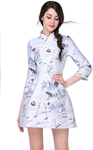 Tuliplazza Women's Crane Embroidery A-line Tunic Cocktail Party Prom Short Dress, White, S