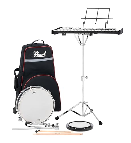 Pearl Glockenspiel PL910C mit 32 Tönen, Metallophonklingel-Set, Lern-Percussion-Set mit 33 cm Holz-Schnarrtrommel, stimmbarem Übungspad, Roll-Tragetasche, Stöck
