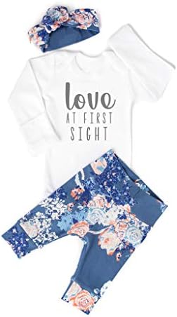 4Pcs Baby Girl Cotton Outfit Clothes Hello,I'm New here Print Jumpsuit Romper +Long Pants+Headbands+Hat Clothes Set(0-24M)