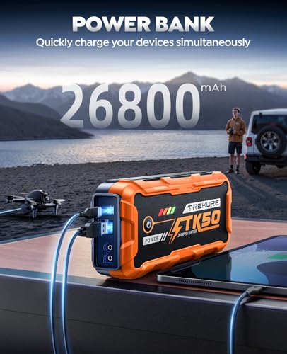 TREKURE 6000A Booster Pack, 26800mAh Jump Starter for Car Battery, All Gas/12L Diesel Portable Car Battery Power Pack, Safe Jumper Cables with Fast Charge & LED Light