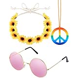 3 Pieces Hippie Costume Set Includes 1 Piece Rainbow Peace Sign Necklace, 1 Piece Flower Crown Headband and 1 Pair of Hippie Sunglasses