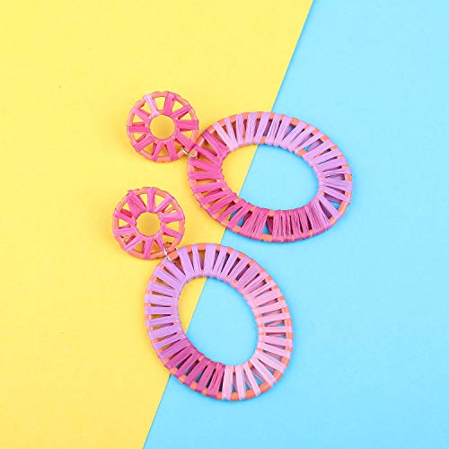 Statement Earrings for Women Rattan Drop Hoop Raffia Geometric Handmade Rainbow Earring Daily Party with Gift Box HLE142 Purple Pink - Thumbnail 6