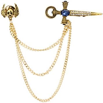 AVARON PROJEKT Kings Golden Stainless-Steel Swarovski Sword with Blue Stone Hanging Tassel and Winged Lapel Pin for Men