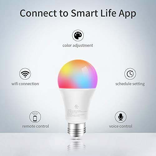 Smart LED Bulb WiFi Multicolor Light Bulb Compatible with Alexa, Echo, Google Home and IFTTT (No Hub Required),E26 A19 60W Equivalent RGBW Color Changing, White 2700K Dimmable (9.5W) UL Listed