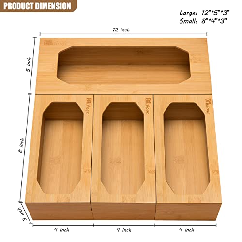 Food Storage Bag Holders, guiogc Bamboo Ziplock Bag Organizer for Drawer, Baggie Organizer Compatible with Gallon, Quart, Sandwich, Snack and Variety Size Food Bags (4 PCS)