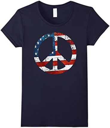 Womens Vintage Look Cool Patriotic Peace Sign USA Flag T-shirt XL Navy