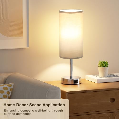 Aooshine Bedside Lamps, Table Lamp with 2 USB Charging Ports & 3-Way Dimmable Touch Control, Touch Lamps Bedside with Grey Shade, Small Lamp with for Bedroom/Living Room/Study(Bulb Included)