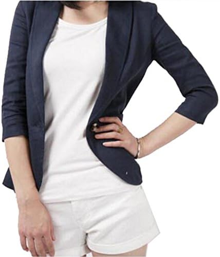 Friendshop Womens Linen 3/4 Sleeve Single Button Slim Fit Suit Coat Jacket Blazer