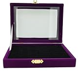 Color Velvet Jewerly Glass Top Lid Box, 48 Black Velvet Slots, for Rings Cuffs (Purple)