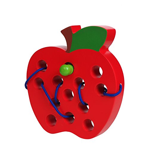 USATDD Wooden Lacing Big Apple Toy Threading Montessori Activity Learning Early Development Educational Wood Block Puzzles Travel Game For Baby Toddler and Kids