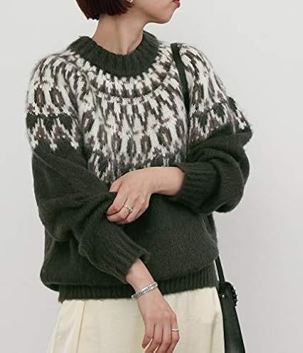 Amazon アダムエロペ ニットプルオーバー Web限定 ノルディックニットプルオーバー レディース Gam モスグリーン 日本 F Free サイズ セーター 通販